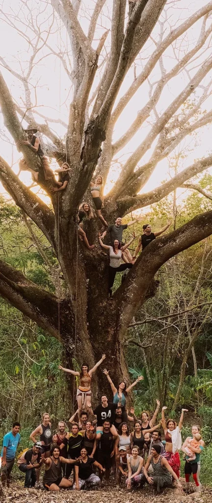Group under guanacaste tree in nicaragua at Acroyoga festiva.