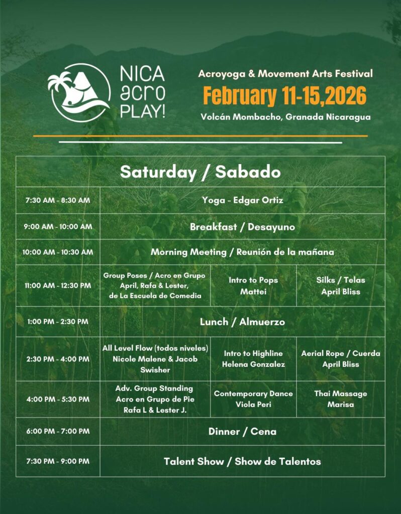 NicaAcro Play 2026 Saturday schedule including yoga, group acro, silks, aerial rope, all-levels acro flow, highline intro, contemporary dance, Thai massage, talent show, and meals.