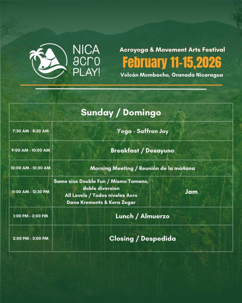 NicaAcro Play 2026 Sunday schedule showing morning yoga, all-levels acro jam, closing activities, shared meals, and festival farewell at Volcán Mombacho.